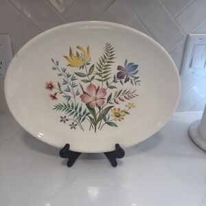 Vintage Edwin M. Knowles Serving Platter, Oval Porcelain Dish, Blue & Pink Flora